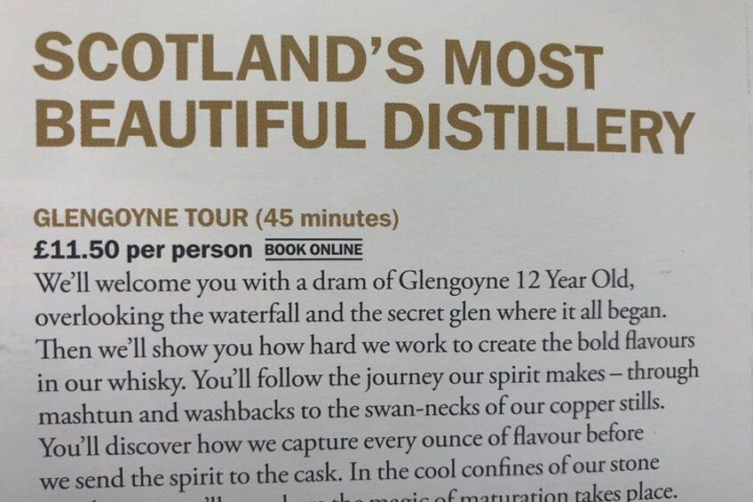 A tour advertisement for Scotland's most beautiful distillery, Glengoyne, with a 45-minute tour priced at £11.50 per person. 5