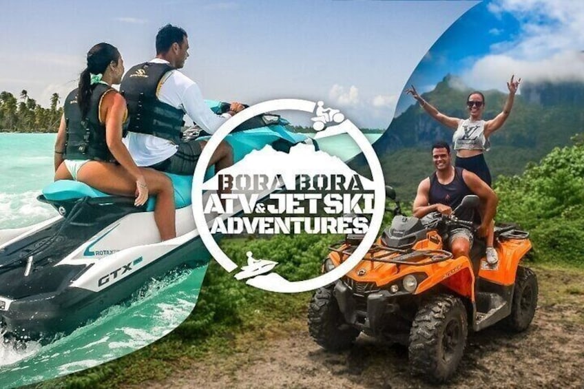 Due persone su un jet ski e due su un quad, con uno sfondo di paesaggio tropicale. 1