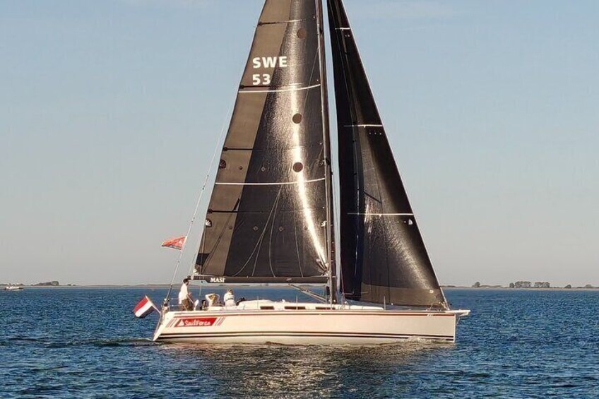 A sailboat with a black sail marked "SWE 53" on the water. 3