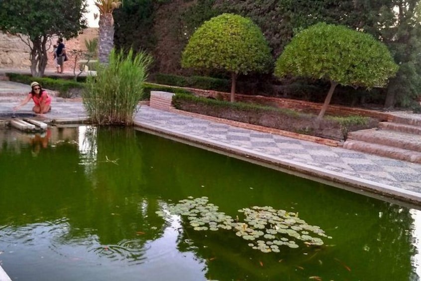 A pond with lily pads, a person crouching, and neatly trimmed bushes. 3