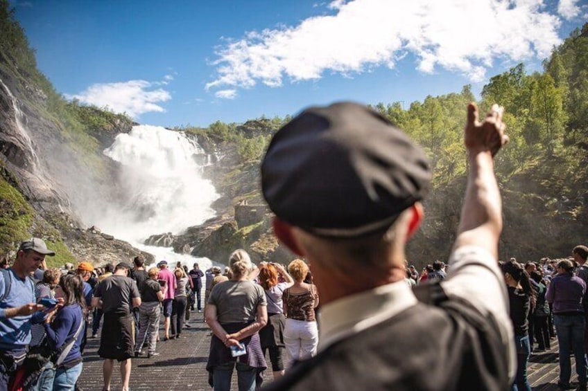 A waterfall with a crowd of people observing it. 4