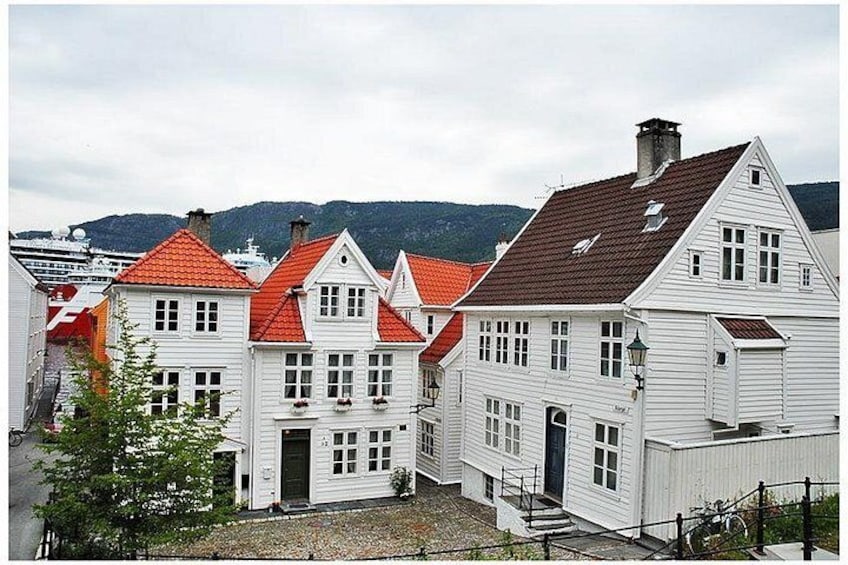 A row of white buildings with red roofs, a ship in the background, and a mountainous landscape. 4