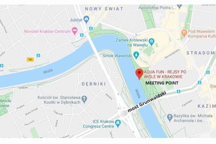 A map with a highlighted area around the 'Aqua Fun - Rejsy po Wislę w Krakowie' meeting point. 3