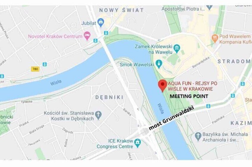 A map with a red marker labeled 'AQUA FUN - REJSY PO WISŁE W KRAKOWIE MEETING POINT' near the 'ICE Kraków Congress Centre'. 2
