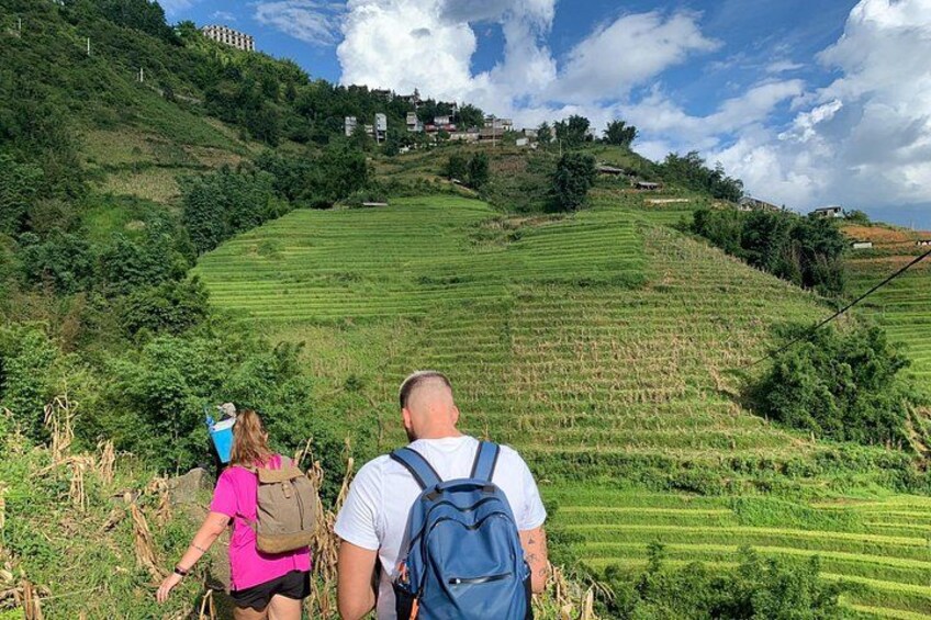 A hilly landscape with terraced fields and a distant building on a hill. 3
