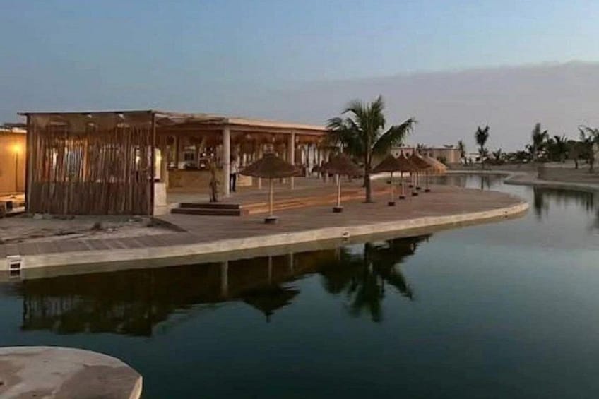 Un complexe hôtelier situé au bord de l’eau, doté d’une piscine, de palmiers et d’une structure en bois. 1