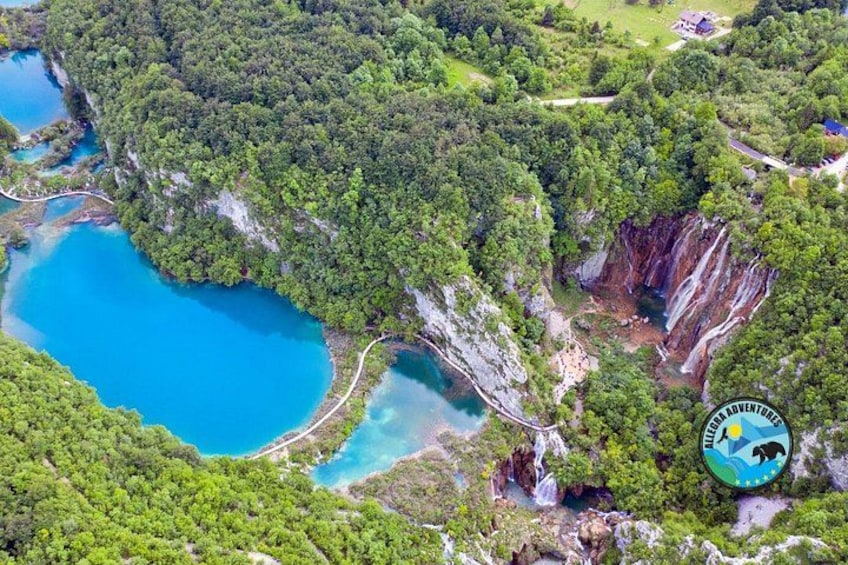 Un paisaje exuberante con una cascada, un lago turquesa y un bosque denso. 1