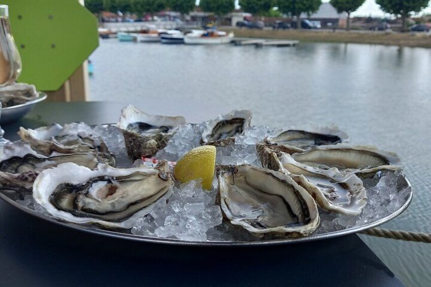 A plate of oysters on ice with a lemon wedge, set against a waterfront backdrop. 3