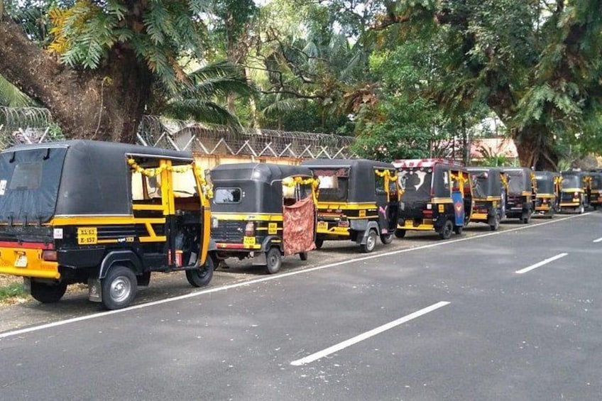 Une rangée d’auto-rickshaws décorés est stationnée le long d’une route. 2