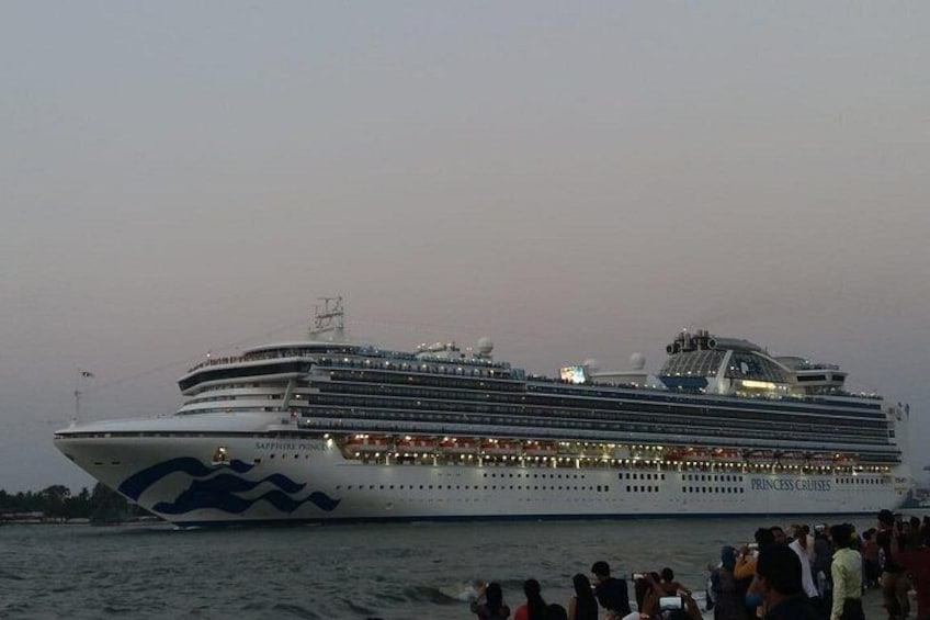 Un gran crucero con varias cubiertas y una multitud de personas en la costa. 1
