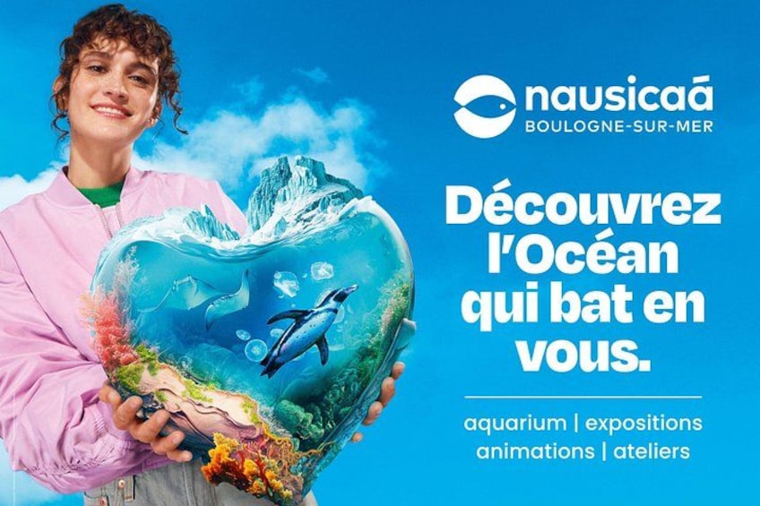 A person holding a heart-shaped aquarium with marine life, and text promoting nausicaa boulogne-sur-mer. 1