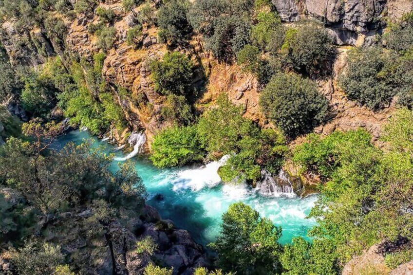 Un fiume color turchese che scorre attraverso un canyon roccioso con una vegetazione verde e rigogliosa. 5