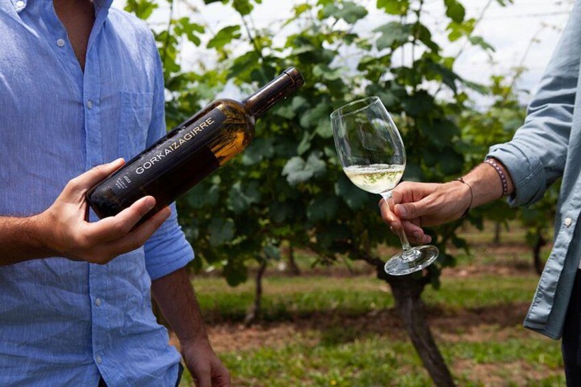 A person holding a bottle of wine and a glass of white wine in a vineyard. 4