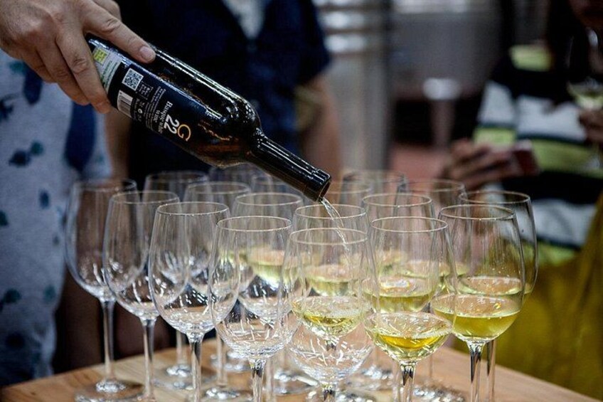 A person pouring a clear liquid into multiple glasses. 3