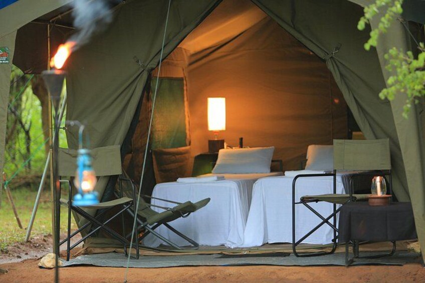 A tent with two beds, a table, and a campfire outside. 1