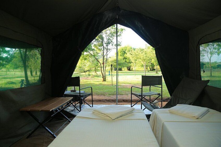 A tent with two beds and a table, a chair, and a view of a grassy park. 3