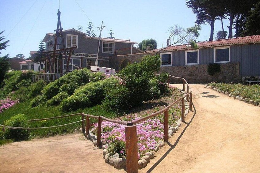 A dirt path leading to a house surrounded by lush greenery and pink flowers. 1