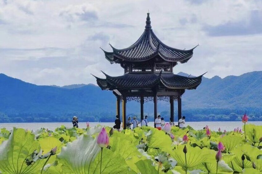 Un pabellón tradicional junto a un lago, con flores de loto en primer plano. 2