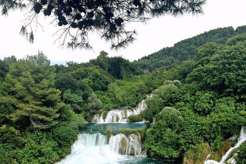 A waterfall cascading through a dense forest. 2