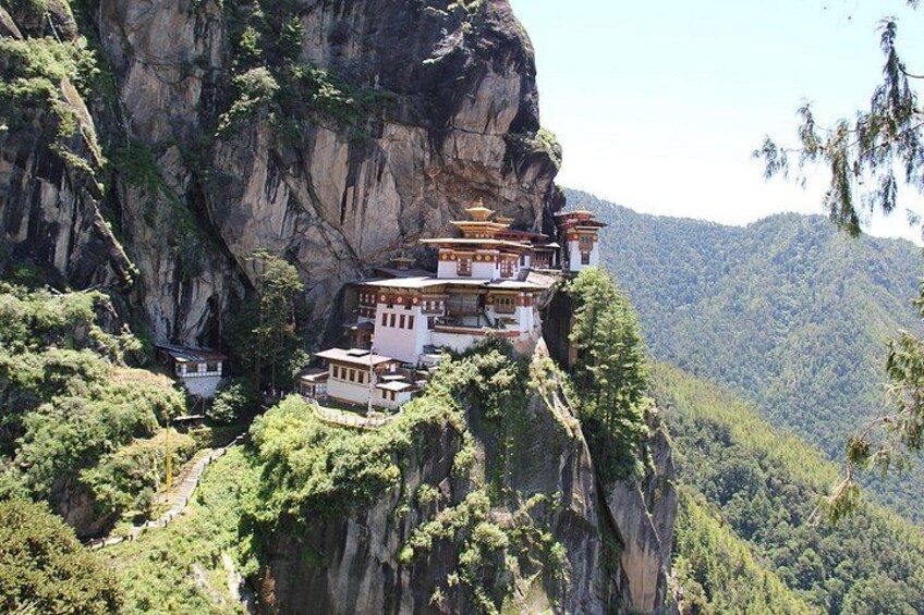A monastery perched on a cliffside with lush greenery and mountainous terrain in the background. 5