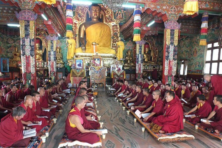 A group of monks in red robes seated in rows inside a richly decorated temple with a large golden statue in the center. 4