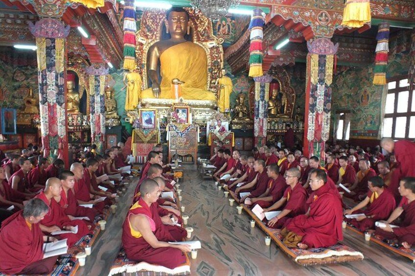 Monks in maroon robes seated in rows, reading from books in a richly decorated hall with a large golden statue in the center. 2