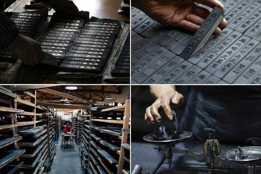 A person working with a machine, a warehouse with metal racks, and a close-up of a hand holding a tool. 4