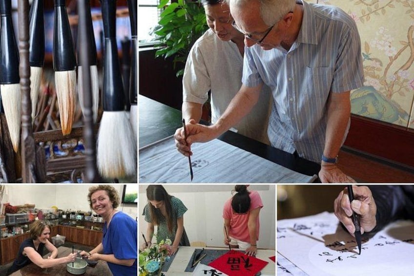 A variety of traditional calligraphy tools, a person writing on paper, and a person holding a brush. 3