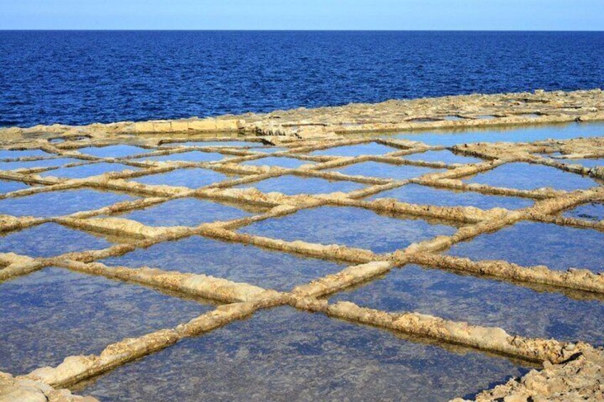 A salt flat with a grid pattern of evaporation ponds. 4