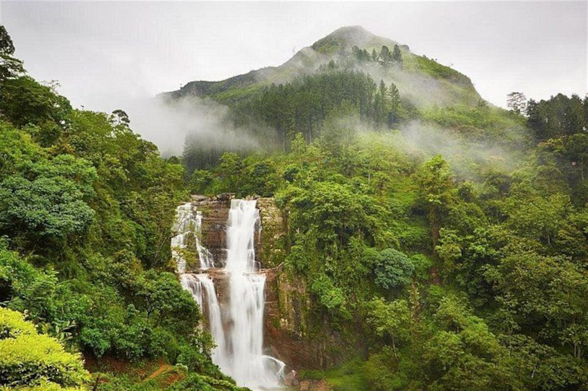 Una cascada rodeada de vegetación exuberante y una montaña brumosa. 1