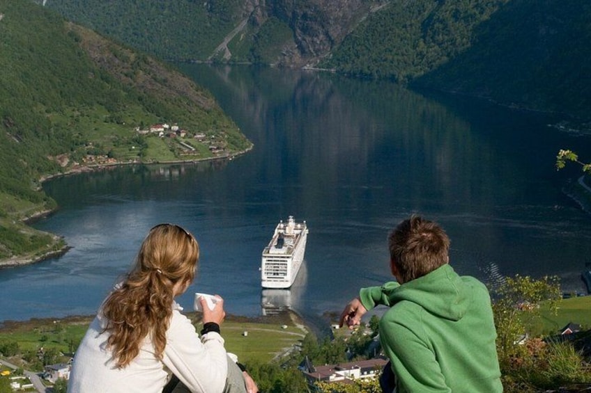 A river with a cruise ship, green hills, and a small settlement. 1