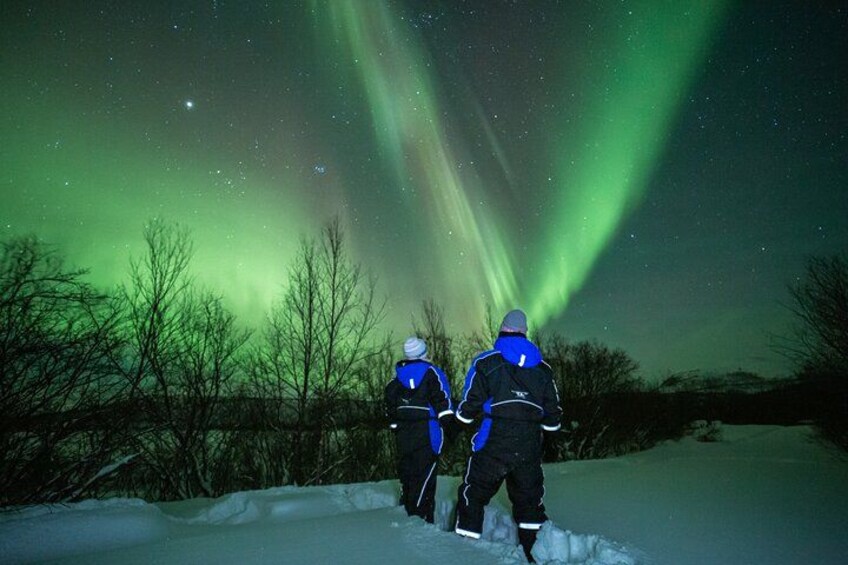 In the silence of Arctic Finland, two guests watch the Northern Lights unfold above the snow. Our small group tours make space for stillness, awe, and unforgettable skies 2