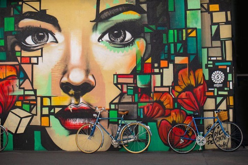 En mural med et kvindeansigt, cykler og blomster. 3