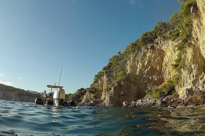 A boat navigating near a rocky coastline with cliffs and vegetation. 4