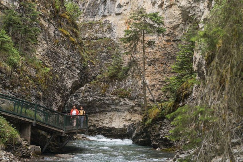 Un puente sobre un río con un cañón rocoso al fondo. 1