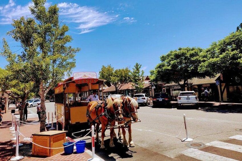 Une calèche tirée par un cheval dans une rue, un cheval, une personne à vélo et un bâtiment avec une enseigne. 2