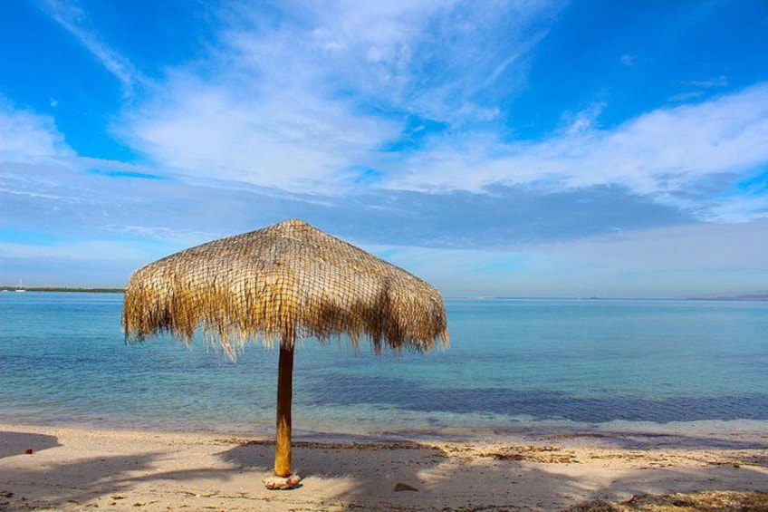Una playa con un paraguas de paja, mar tranquilo y cielo despejado. 2