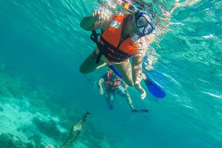 A person scuba diving with an oxygen tank and fins. 4