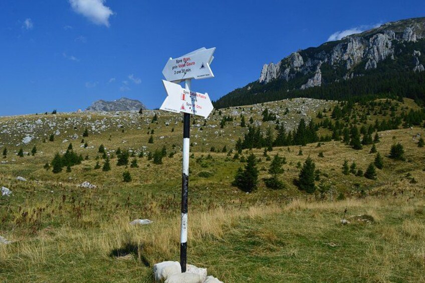 A mountain landscape with a directional signpost. 5