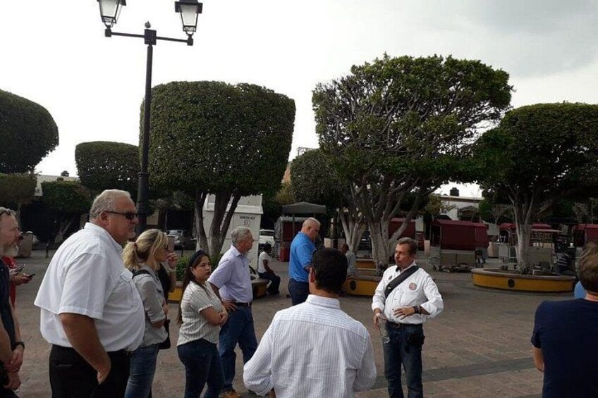 A group of people standing outdoors in a public square with trees and lamp posts. 2