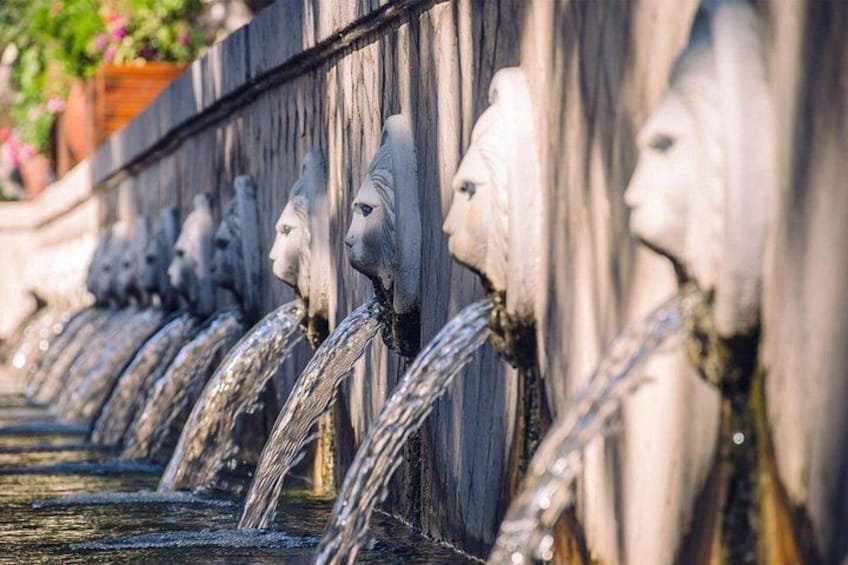 Varias piletas de agua con caras esculpidas, dispuestas en fila a lo largo de una pared. 3