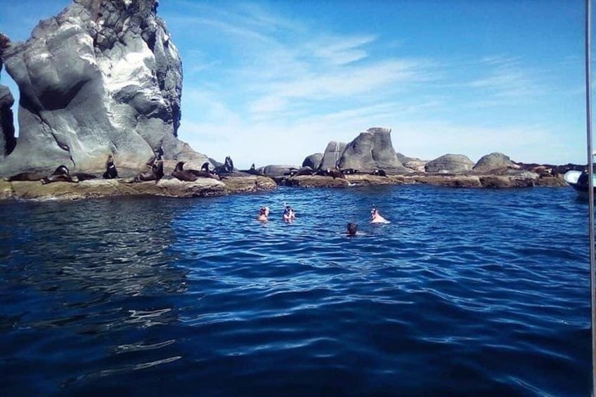 Costa rocosa con aguas azul turquesa, tres personas nadando y grandes formaciones de roca. 1