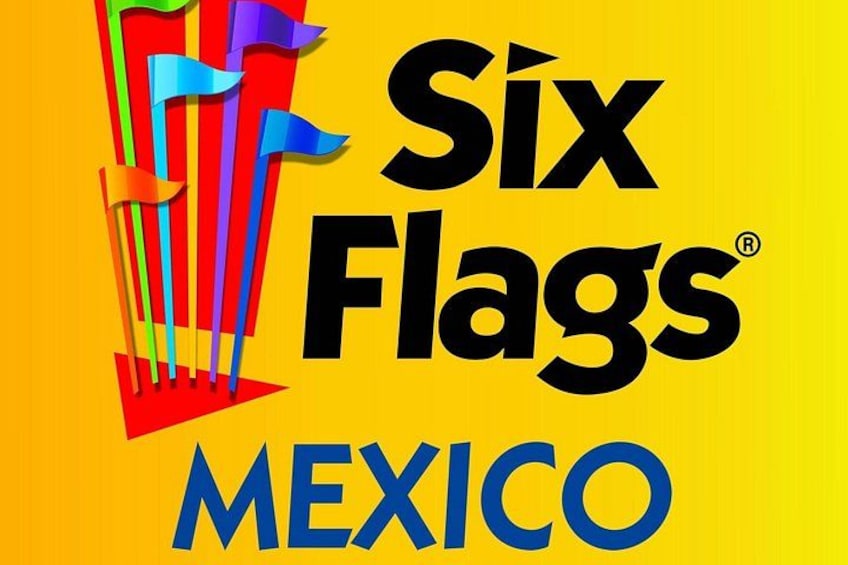 Eine Grafik mit dem Text 'Six Flags Mexico' und bunten Flaggen. 2
