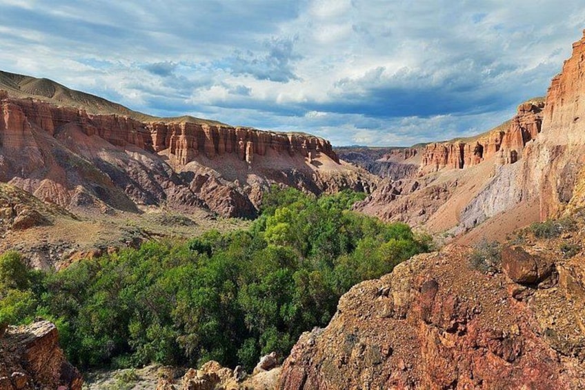 Paisaje de cañón con formaciones rocosas estratificadas y vegetación verde. 5