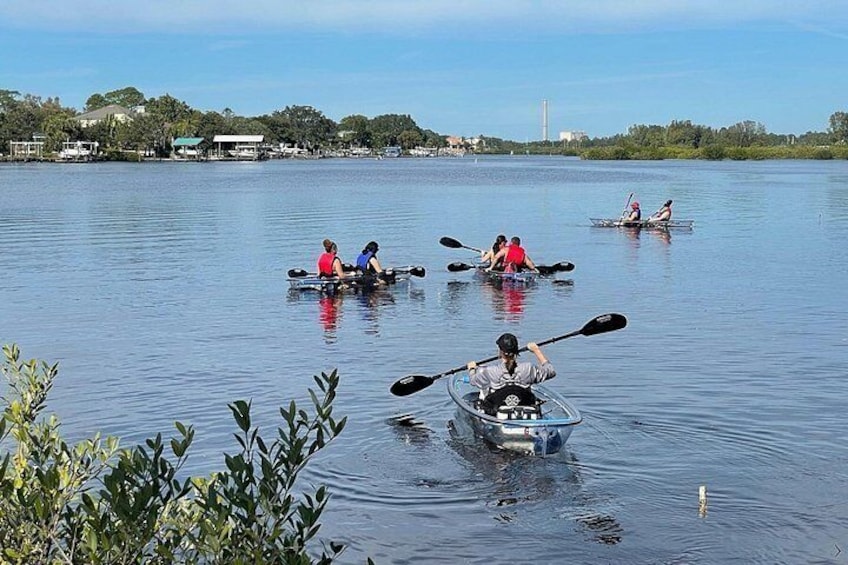 People kayaking on a calm lake with trees and buildings in the background. 4