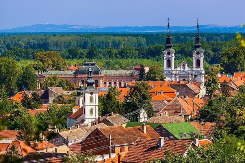 Un pueblo con edificios de techo rojo, una iglesia con dos torres y un fondo boscoso. 4
