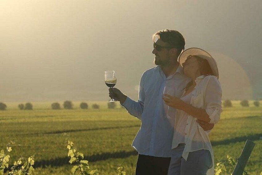 A couple in a field holding wine glasses. 2