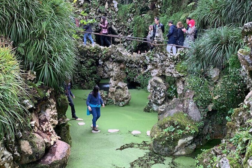 Een groep mensen loopt over een mosachtig, rotsachtig pad, omringd door weelderige begroeiing. 4