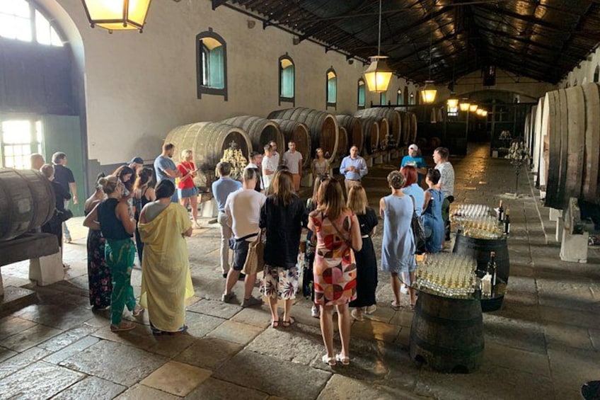 A group of people in a wine cellar with barrels and bottles. 3