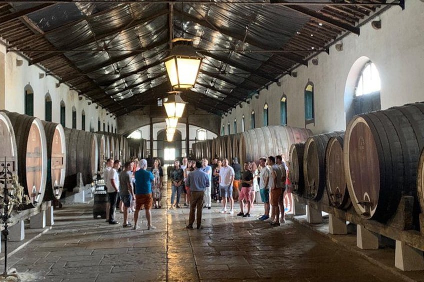 A group of people in a wine cellar with rows of barrels. 2